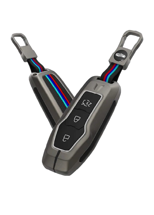 Ford EcoSport, Endeavour, Freestyle, Aspire, Figo & New Fiesta Premium Metal Alloy Smart Key Cover with Holder & Rope Keychain (3-Button)