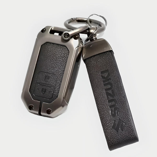 FolksKulture- Zinc Metal Alloy Leather Car Key Cover & Case Brown with Keychain & Holder Compatible for Maruti Suzuki Invicto (2 Button Push Smart Key)