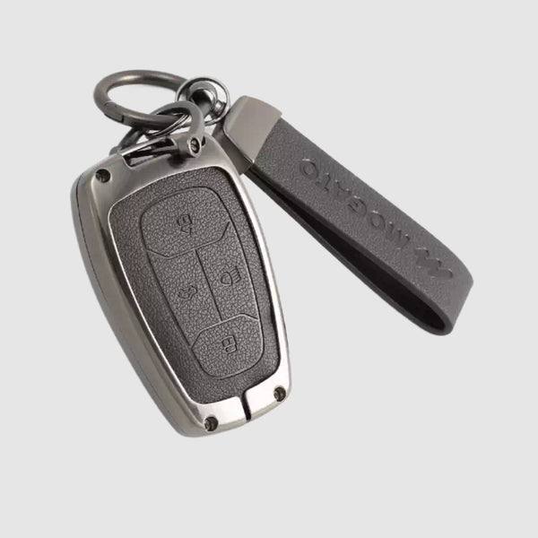 FolksKulture-Tata Leather- Zinc Metal Alloy Car Key Cover & Case Brown with Keychain & Holder fit for Nexon, Punch, Altroz, Tigor, Harrier, Safari, Gravitas (4 Button Push Smart Key)