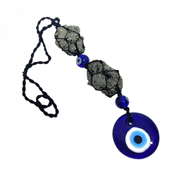 Evil Eye Charm with Pyrite Gold Stone Hanging – Perfect for Car, Home & Office Protection