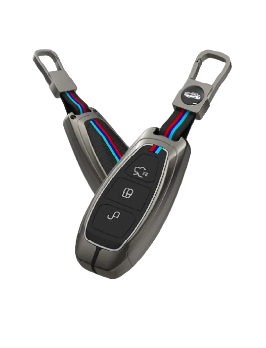 Ford EcoSport Push Button Remote Smart Key – Premium Metal Alloy Key Cover with Holder & Rope Keychain