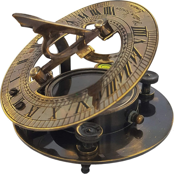 FolksKulture-Antique Brass Sundial Compass Marine Boat Gift Pocket Sun Dial in Box