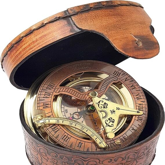 FolksKulture-Brass Nautical - Antique Brass & Copper Sundial Compass, Sundial Clock in Box Gift Sun Clock Ship Replica Watch