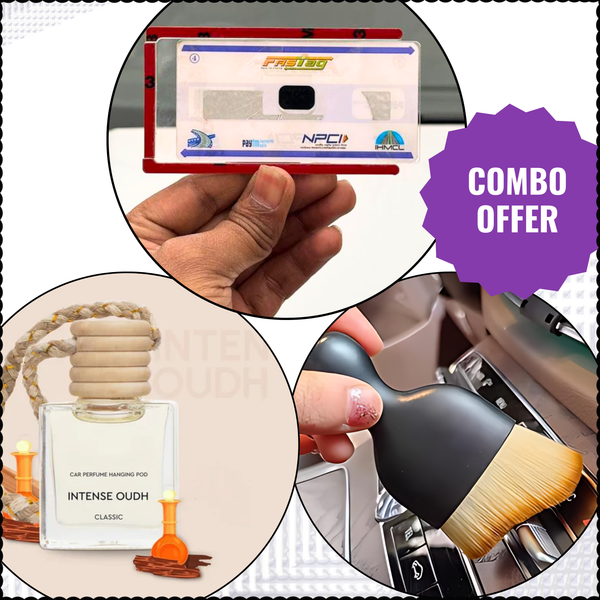 3-in-1 Car Care Combo – Oudh Perfume, Small Cleaning Brush & Fastag Holder