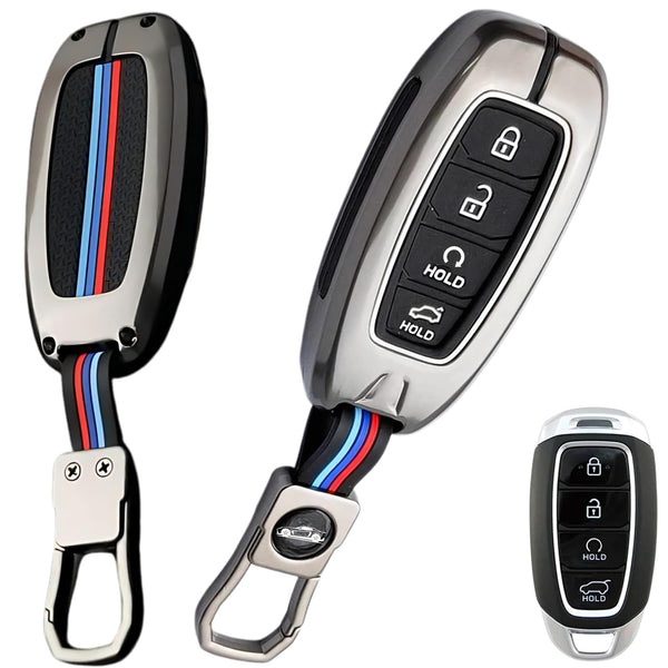 FolksKulture-Hyundai Verna 2023 Luxury Premium Metal Carbon Fiber Black Soft Silicon Smart Car Key Cover Key Case With Key Chain ( 4 buttons)