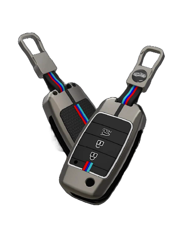Metal-Silicone Car Key Cover Compatible with KIA Seltos, Sonet & Carens (3-Button Flip Key)