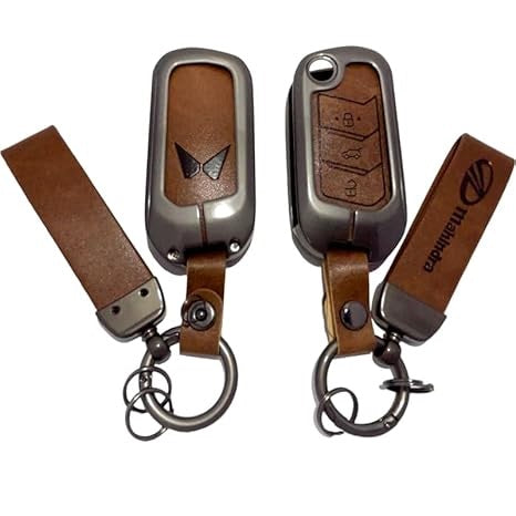 MHD Zinc Metal Alloy & Leather Car Key Cover with Keychain & Holder – Compatible with Mahindra Scorpio, Bolero, XUV700, XUV300, Thar, TUV300 Plus, XUV400 & Marazzo (3-Button Flip Key)