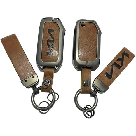 FolksKulture-KIA- Zinc Metal Alloy Leather Car Key Cover & Case Brown with Keychain & Holder Compatible for KIA Seltos, Sonet, Carens (3 Button Flip Key)