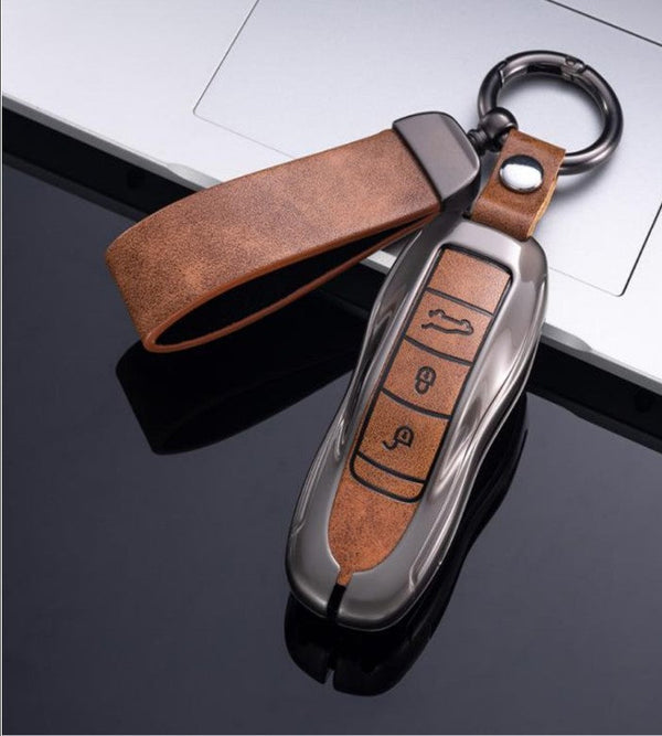 Zinc Alloy Leather Car Key Cover with Keychain & Holder | Fits Porsche 3 Button Key – Premium Protection