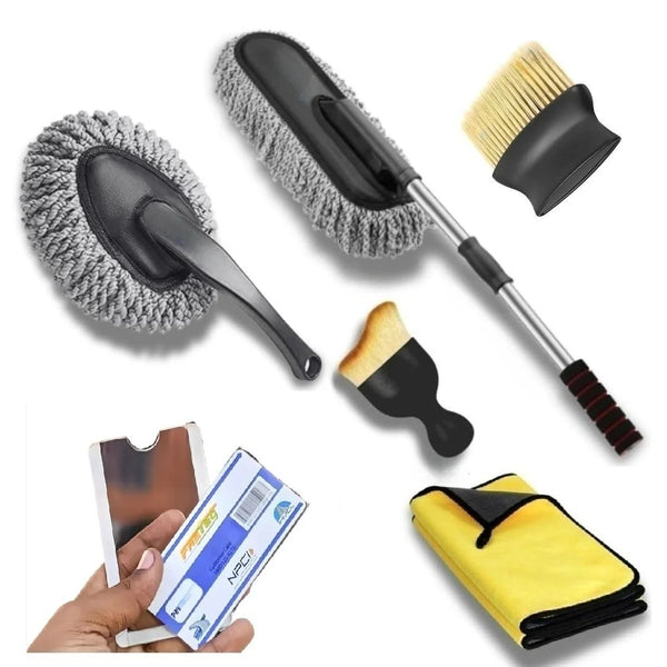 FolksKulture-6 Pieces Microfiber Car Cleaning Kit: Includes a long-handle duster, interior/exterior cleaning cloths 600 GSM, Fasttag and an AC vent cleaner. Perfect for SUVs cars and bikes